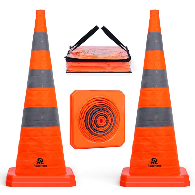 RoadHero 36 Inch 2 Pack Collapsible Traffic Safety Cones, Multi Purpose Pop-up Cones with Reflective Collar for Road Safety, Orange Cones for Driving Training, Parking Lots - Image 1